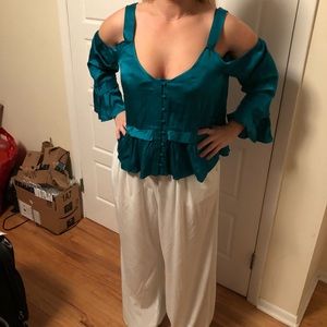 Anthropologie aqua satin top and white pants